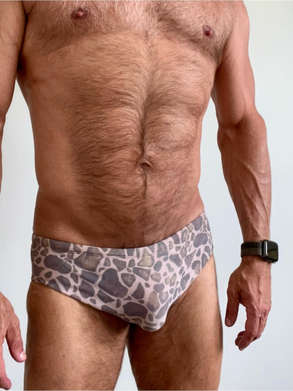 Men's Taupe Leopard Swim Brief, Small, drawstring